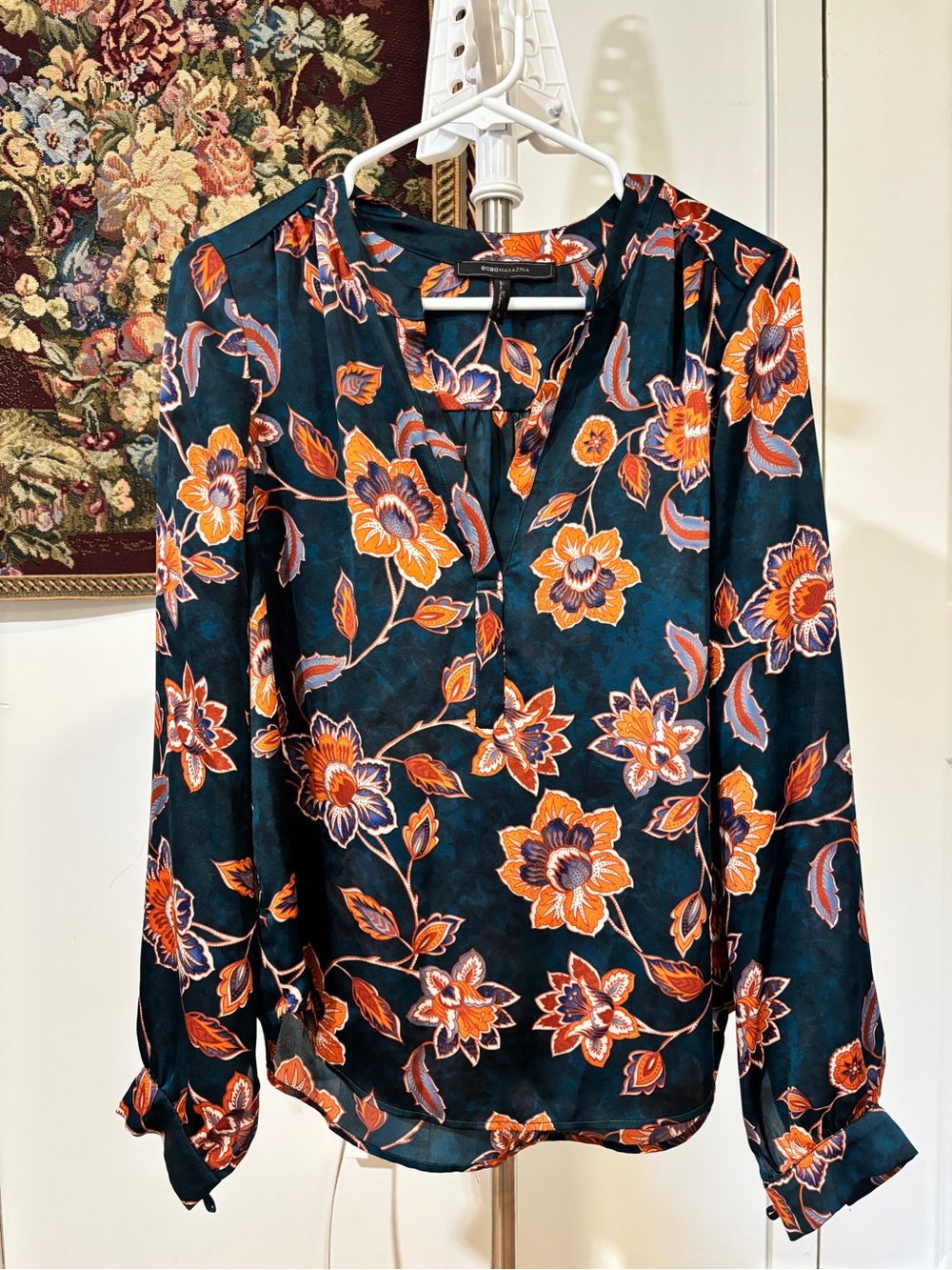 BCBGMAXAZRIA Teal Orange Floral Blouse S Long Sleeve Split Neck Boho
